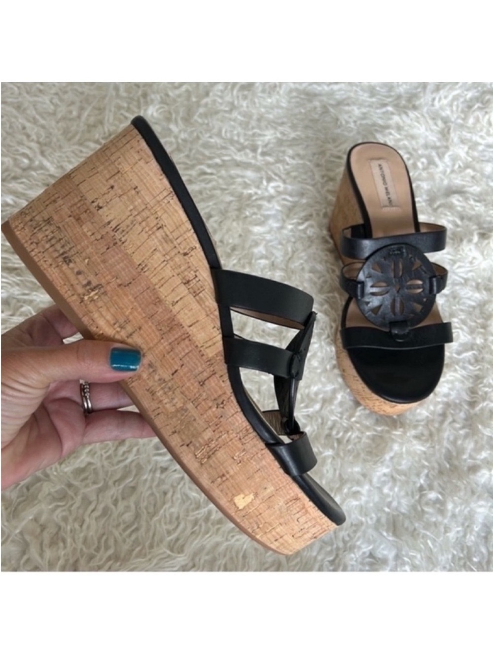 Antonio Melani Quinnlynn Leather Black Cork Platform Wedge Heel Sandals Sz 9